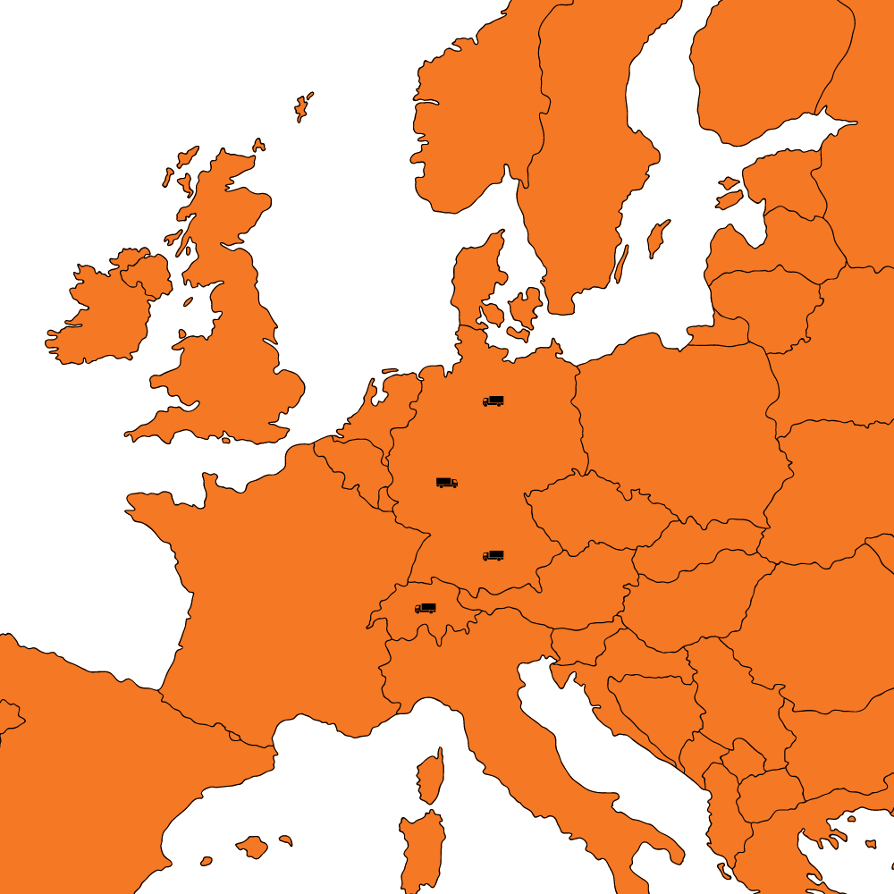 Europakarte in orangener farbe, auf welcher die logistikstruktur anderer Speditionsbetriebe markiert ist. Diese fällt im vergleich zu Euroflex eher gering aus.