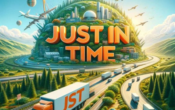 Realistische Darstellung einer LKW-Flotte auf einer Autobahn durch eine natürliche Landschaft, mit dem Schriftzug 'Just in Time' in Orange, symbolisiert effiziente und umweltfreundliche Logistik.