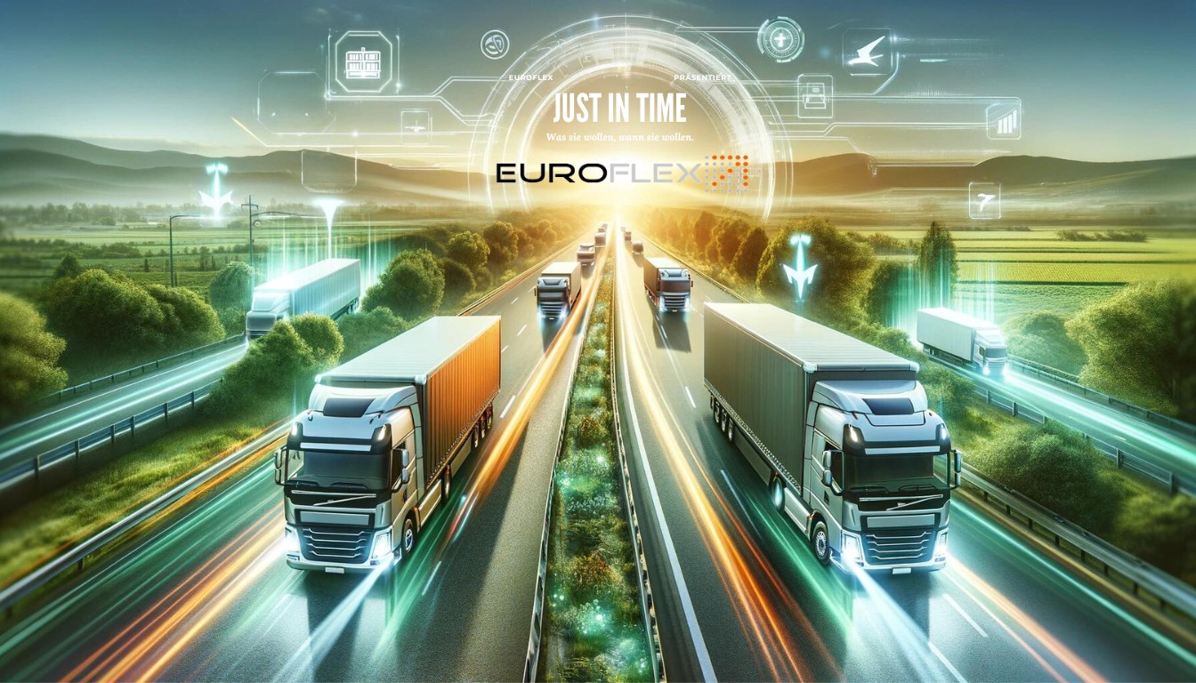 Moderne LKW-Flotte fährt effizient auf einer Autobahn, umgeben von digitalen und nachhaltigen Symbolen, die Just-in-Time Lieferlogistik illustrieren.